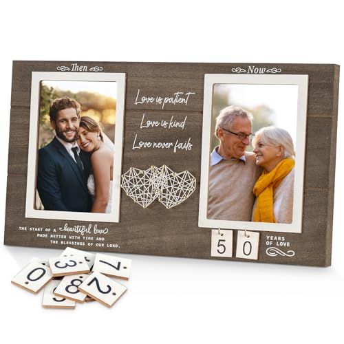 Then and Now Anniversary Picture Frame, 1-99 Years Wedding Gift Ideas, Engagement Bridal Shower Gifts, 25th Anniversary Wood Double Photo Frame for Couple, 4x6 Inches Photos