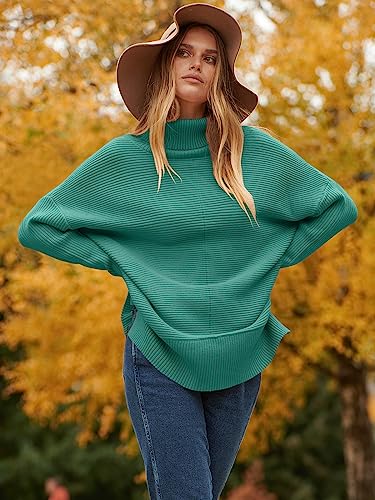 ANRABESS Women Oversized Turtleneck Long Batwing Sleeve Split Hem Pullover Knit Tunic Sweater Outfits 2024 Trendy Clothes Nutmeg Small