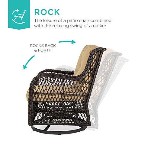Best Choice Products 3-Piece Outdoor Wicker Patio Bistro Set w/ 2 360-Degree Swivel Rocking Chairs and Tempered Glass Top Side Table - Beige