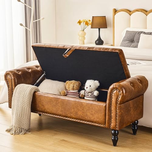 Furnimart Storage Ottoman Bench for Queen Size Bed, Faux Fur Upholstered Storage Bench Accent Bench with Rolled Arms for Bedroom,Living Room, Entryway, 2.5Cubic Feet