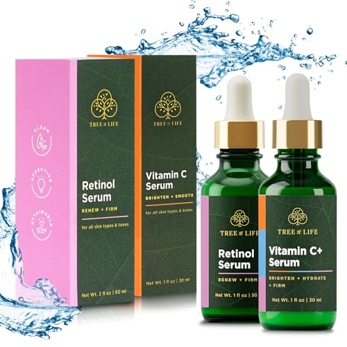 Tree of Life Facial Skin Care Set, Brightening, Firming, Hydrating, Dry Face, Dermatologist Tested - Vitamin C Serum (Brightens) + Retinol Serum (Smooths) - Skin Care Kit, 2 count of 1 Fl Oz