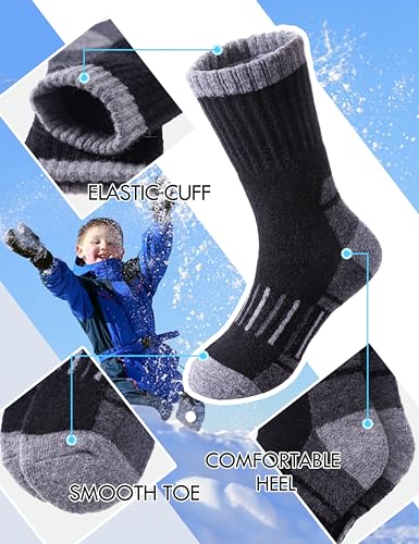 NOCIN COLOR Kids Merino Wool Hiking Socks Boys Girls Toddlers Thermal Winter Warm Boot Thick Cushion Socks 6 Pairs (6 Pairs Black A,4-7 Years)