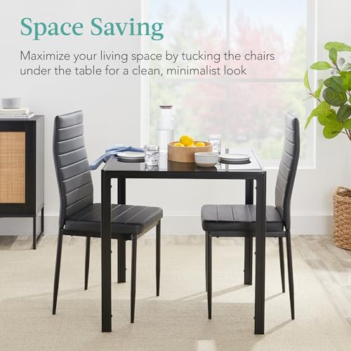 Best Choice Products 3-Piece Glass Dining Set, Modern Kitchen Table Furniture for Dining Room, Dinette, Compact Space-Saving w/Glass Tabletop, 2 Upholstered PU Chairs, Metal Steel Frame - Black