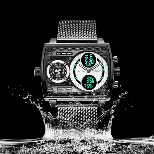 FEICE Men's Square Digital LED Watch - Multifunction Chronograph with Analog Quartz Movement, Stainless Steel Band, Dual Time Display, Waterproof Wristwatch FK814