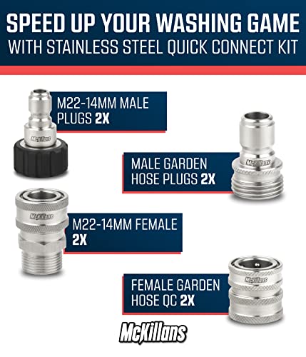 McKillans® M22-14mm Pressure Washer Quick Connect Kit, M22-14mm to 3/8" Male Female Quick Disconnect Kit for Power Washer (Stainless Steel)