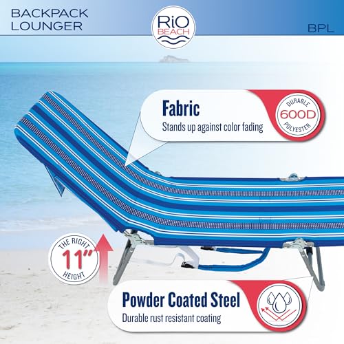 Rio Brands Portable Folding Backpack Beach Lounge Chair with Backpack Straps and Storage Pouch, Blue Multi Stripe