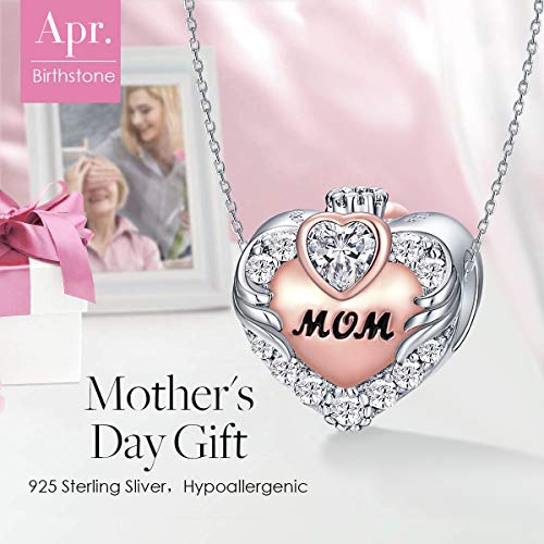 FOREVER QUEEN Love Heart Mom September Birthstone Charm for Bracelet 925 Sterling Silver Angle Wing with Crown Mother Bead Charms for Bracelet Necklace, Best Birthday Gift for her