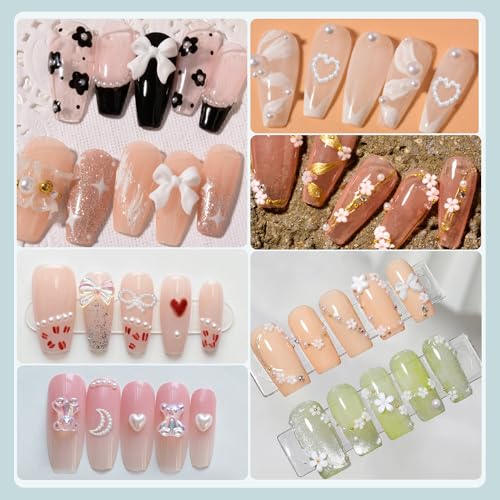 Pink White Bows Flowers Butterfly Pearls for Nails Heart Blossom Flowers Bowknots Acrylic Nail Charms for Manicure DIY Crafts Jewel Accessories