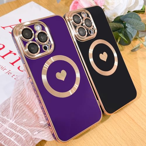 Bonoma Magnetic Case for iPhone 15 Pro Max Compatible with MagSafe, Cute Love Heart Luxury Plating Back Cover with Edge Elegant Aesthetic Hearts Pattern Phone Case-Black