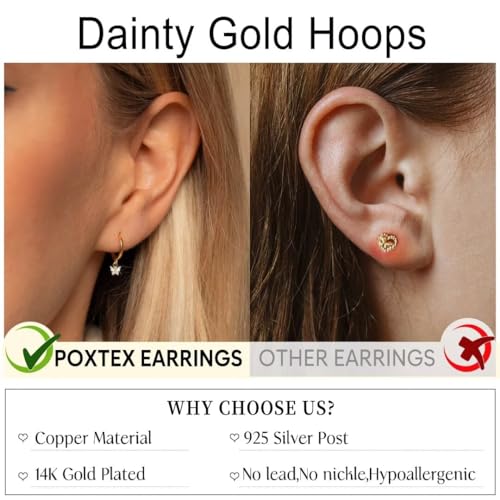 Poxtex Small Gold Huggie Hoop Earrings Set for Women, Hypoallergenic 14K Real Gold Plated Stack Cartilage Earring, Earrings Sets for Multiple Piercing Lightweight Mini Thin Cute Dainty Trendy Clip On Jewelry