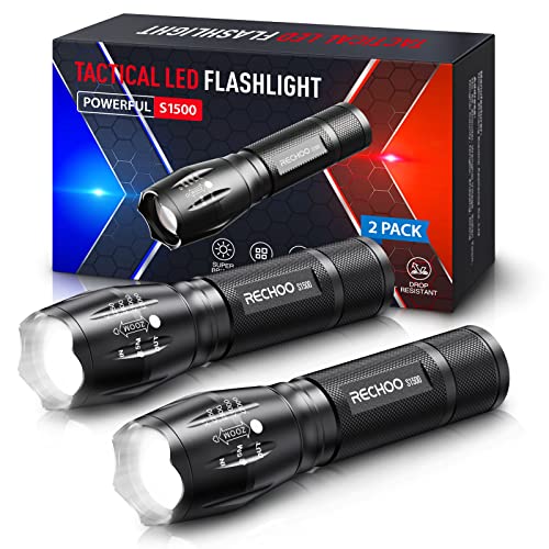 RECHOO Tactical Flashlights 2 Pack, Bright Zoomable LED Flashlights High Lumens with 5 Modes, Portable Small Flash Light for Camping Essential, Camping Flashlight