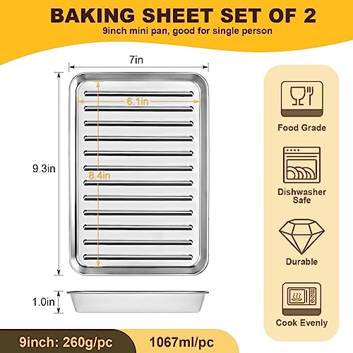 Zacfton Mini Cookie Sheets for Baking, Baking Sheet Stainless Steel Set of 2, Nonstick Baking Pans - 9.3 x 7 x 1 Inches, Dishwasher Safe & Twist Resistant