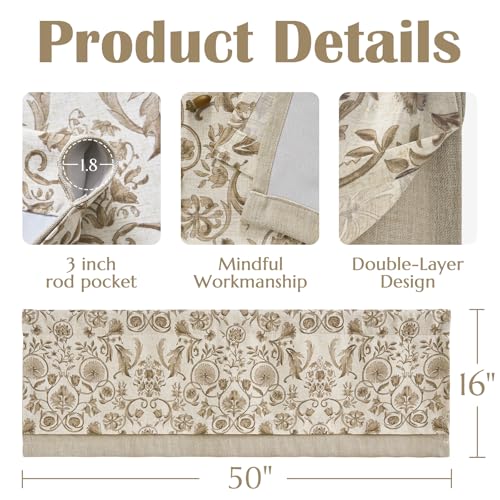 jinchan Linen Valance Double Layer Kitchen Window Curtain Yellow Leaf on Beige Valance for Living Room Cafe Farmhouse Room Darkening Rustic French Country Curtain 18 Inch Rod Pocket 1 Panel
