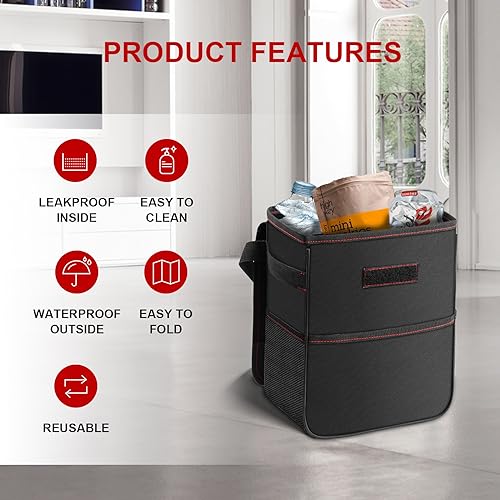 Simple Deluxe Car Trash Can with Lid and Storage Pockets, Leak-Proof Car Garbage Can with Adjustable Straps, Waterproof, Portable and Collapsible Trash Bag for Car, 2 Gallon, Black