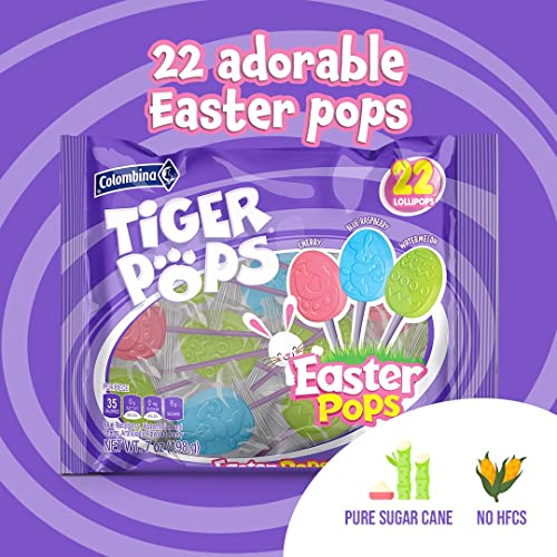Colombina Tiger Pops Easter Jar, Watermelon, Blue Raspberry, and Cherry Flavors, Individually Wrapped Lollipops, Includes Easter Bunny, Egg, and Chick Shapes, 130 Count (Pack of 1)