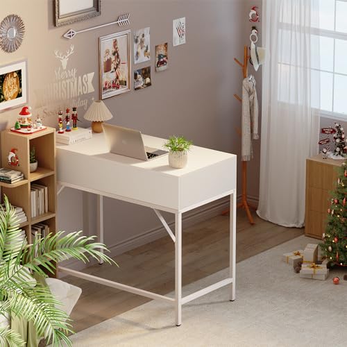 SUPERJARE 39.4" White Desk with 2 Drawers, Modern Makeup Vanity Desk, Small Computer Desk Home Office Desk for Writing Study Bedroom