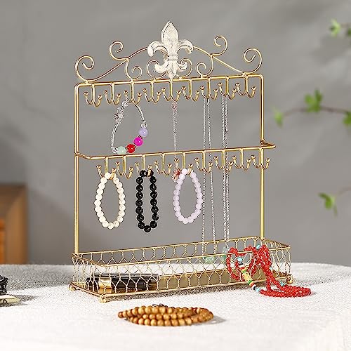 MOCOME Fleur-De-Lis Gold Jewelry Stand Necklace Holder Stand with 36 Hooks and Tray for Woman