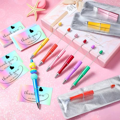 Yeaqee 150 Pieces Beadable Pens Kit 50 Pieces Colors Plastic Beaded Ballpoint Pens Bulk 50 Foil Thank You Cards with 50 Resealable Packaging Bags for School DIY Making Gift(Bright Style)