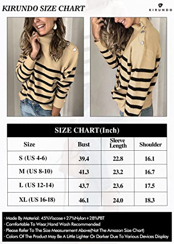 KIRUNDO Women's 2024 Fall Winter Long Sleeve Knit Sweater Turtleneck Striped Loose Pullover Tops Deco with Metal Buttons(Medium, Gray)