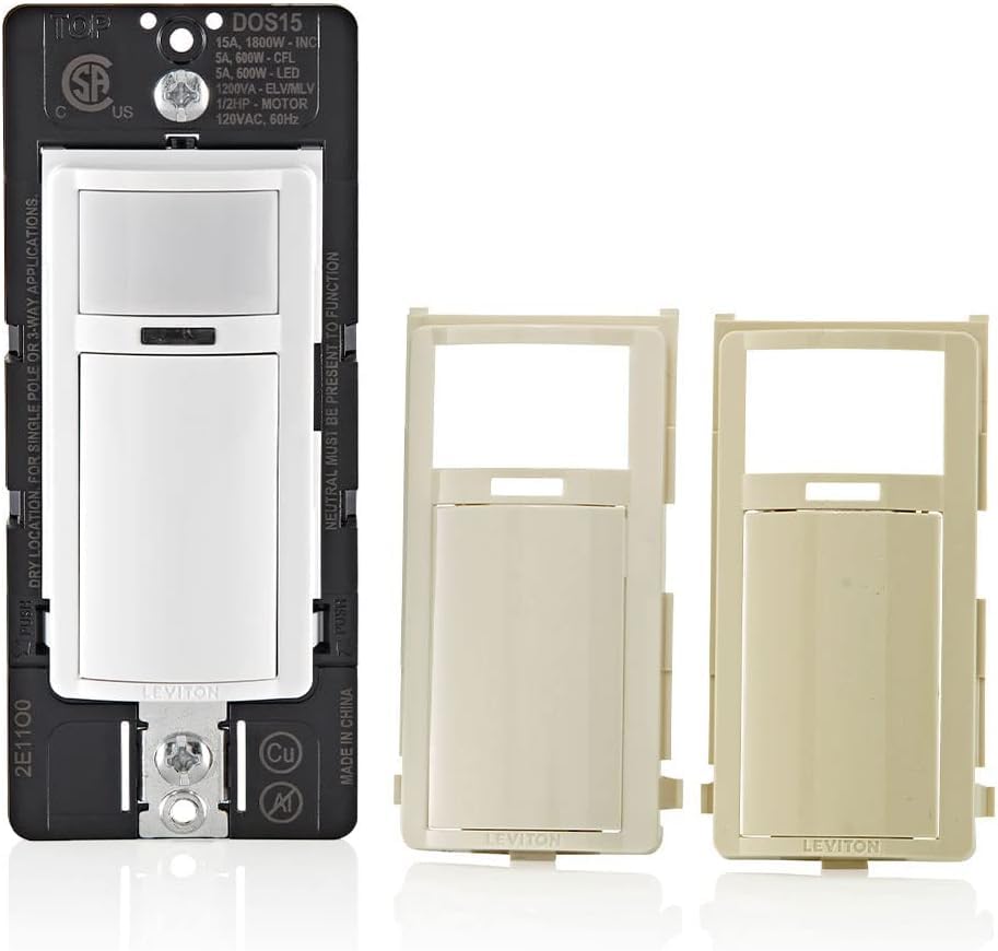 Leviton DOS15-1LZ Decora Occupancy Motion Sensor In-Wall Switch, Auto-On, 15A, Single Pole, Multi-Way or Multi-Sensor, White with Ivory, Light Almond Faceplates