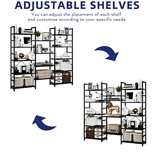 NUMENN Triple Wide 4 Tier Bookshelf, Adjustable Rustic Industrial Style Bookcases with 11 Open Display Shelves, Modern Tall Bookcase Furniture for Bedroom, Living Room and Home Office, Black