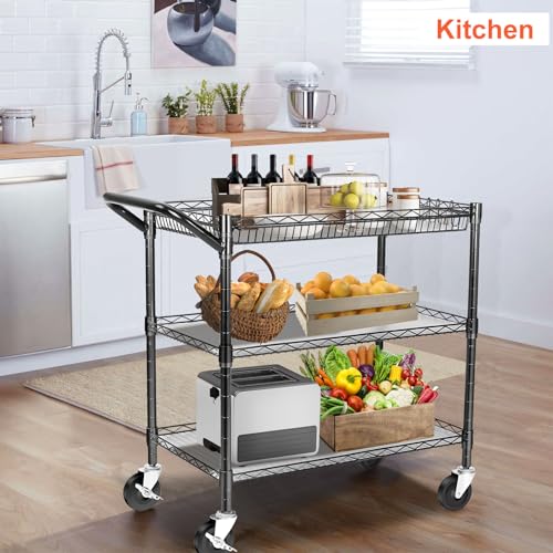 BolDuck Heavy Duty Utility Cart on Wheels,990Lbs Capacity 3 Tier Rolling Carts with Wheels,Kitchen Cart on Wheels with Storage,Commercial Grade Metal Serving Cart with Wire Shelving &Handle Bar,Black