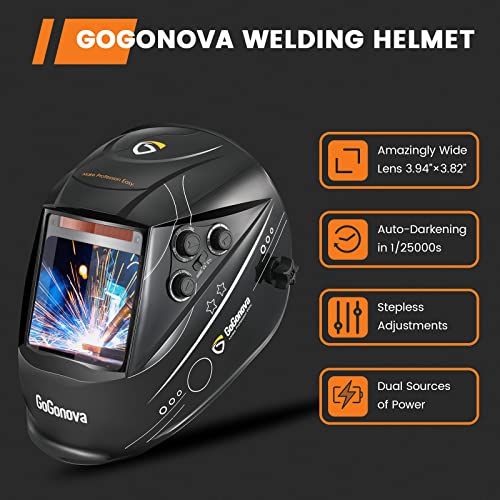 GoGonova 3.94”×3.82” Welding Helmet Auto Dark, Solar Powered Welding Hood, Auto Darkening Welding Helmet 4 Arc Sensor DIN 5-9/9-13 for MIG, TIG, ARC