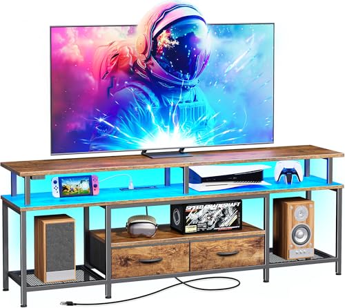 Huuger TV Stand for 65 70 75 Inch TV, Entertainment Center with Power Outlets and LED Lights, TV Console for Living Room, Media Console with Drawers and Shelves, Black