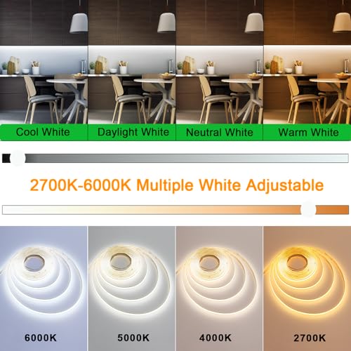 JOYLIT 24V COB CCT LED Strip Light Waterproof 16.4FT/5M 640LEDs/M 2700K-6000K, UL Listed PRO CRI 92+ LED Tape 10000lm Super Bright 90W Dimmable Warm White to Cool White Tunable Light Strip