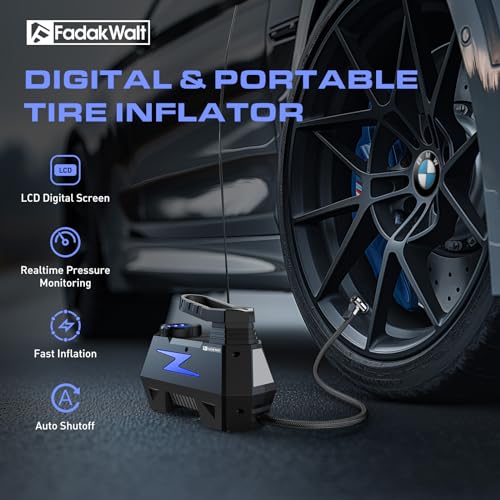 FADAKWALT Tire Inflator Portable Air Compressor, DC 12V Tire Air Pump with LED and 150PSI Digital Pressure Gauge, Portable Tire Inflator for Car Tires, Motorcycles, Bike, Ball (Yellow)