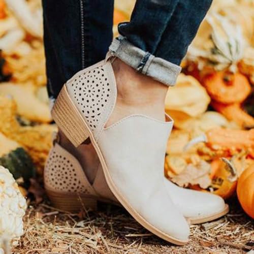 JITUUE Ankle Boots for Women Casual Cut Out Slip On Low Heel Short Chunky Stacked Heel Perforated Side V Cut Western Booties Cutout Shoes(Beige,US 6