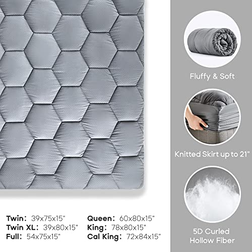 SONIVE Waterproof Mattress Pad Dorm Bedding, Waterproof Fluffy Soft Breathable Noiseless Quilted Fitted Mattress Protector, Down Alternative Filling Topper Deep Pocket up to 21'' (Grey, Twin)