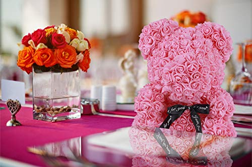 Rose Teddy Bear, Rose Bear Teddy Bear,10" Flower Bears with Lights, Rose Bear Foam Artificial Flower,Lighted Up Rose Teddy Bear Gifts for Valentines Day, Mothers Day,Anniversary (Red)