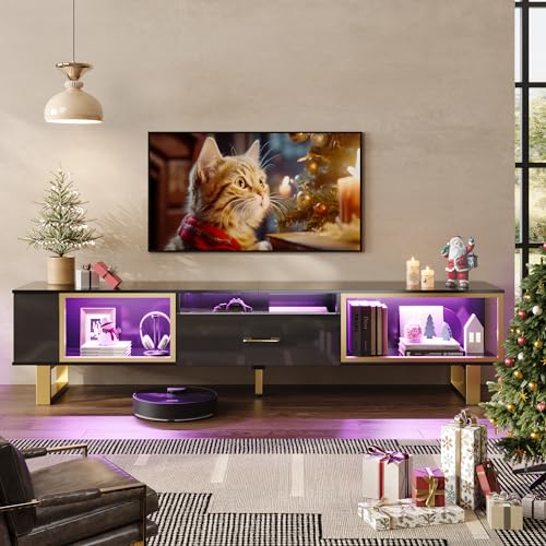 Bestier TV Stand for 65/70/75/80 Inch TV, LED Gaming Entertainment Center with Open Storage and Half-Glass Design Drawer, Modern High Gloss TV Console Table for Living Room, Black and Gold