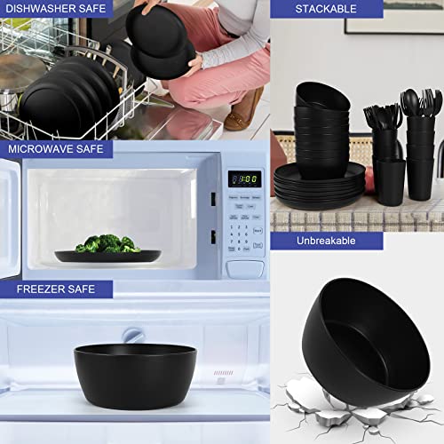 afcevnlb 48-Piece Plastic Wheat Straw Dinnerware Sets Plates and Bowls Sets for 8 Lightweight Bowls Unbreakable Dish Set Dishwasher Microwave Safe Suitable for Camping Party Grill(Black)