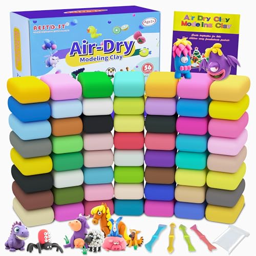 Air Dry Clay 56 Colors, Modeling Clay for Kids, DIY Model Magic Clay, Molding Clay Kit with Sculpting Tools, Non-Sticky Soft and Super Light, Arts and Crafts Gift for Boys Girls Kids.