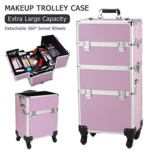 Karl home 3 in 1 Makeup Train Case Rolling Cosmetic Trolley Large Capacity Travel Organizer with Key 360°Swivel Wheels Suitcase for Beauticians Hairstylists Nail Tech Students, Pink