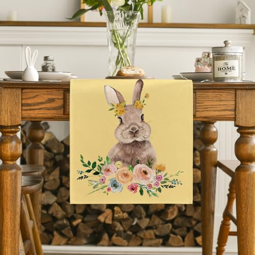 Artoid Mode Easter Bunny Easter Table Runner, Seasonal Spring Flowers Holiday Kitchen Dining Table Runner for Home Party Decor 13 x 108 Inch
