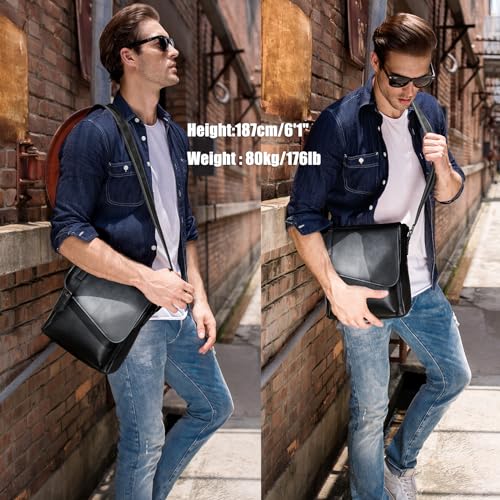 Masa Kawa Men's Black Leather Messenger Bag Retro Small Crossbody Shoulder Bag for Men Women Flap Over Man Purse Fits 10 Inch Tablet