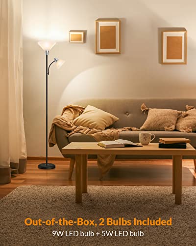 LEPOWER Floor Lamp, Standing Lamp with Replaceable 3000K Energy-Saving LED Bulbs,9W Lamp for Living Room with 5W Adjustable Reading Light, Modern Bright Floor Lamp for Bedroom, Living Room, Office