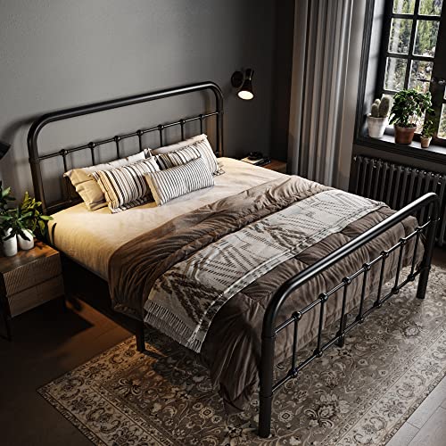 Allewie Full Size Metal Platform Bed Frame with Victorian Style Wrought Iron-Art Headboard/Footboard, No Box Spring Required,Black