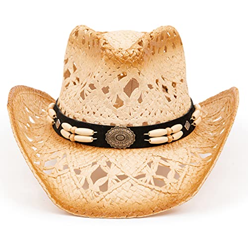 TOVOSO Straw Cowboy Hat for Women and Men with Shape-It Brim, Western Cowboy Hat, Beads - Tea Stain