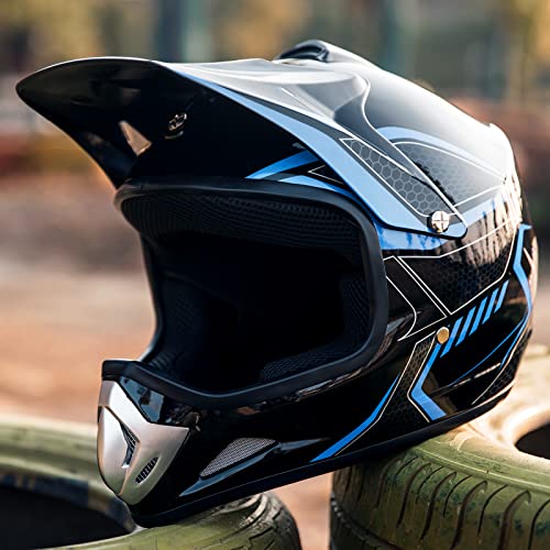 ILM Youth Kids Dirt Bike Helmet ATV Motocross DOT Off-Road Street Helmet Goggles Gloves Full Face Protective Helmet Model BLD-818(Blue,Youth-Small)
