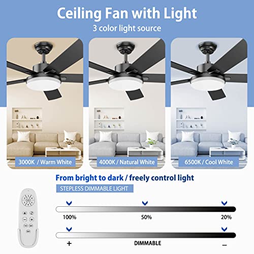 Regair Ceiling Fans with Lights, 52 Inch Ceiling Fan with Lights and Remote Control, Modern Black Ceiling Fan with Light for Living Room Farmhouse Bedroom