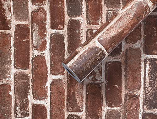 Akywall Red Brick Wallpaper Peel and Stick Realistic Distressed Textured Rock Stone Self Adhesive Contact Paper Embossed Vintage Removable Vinyl Wall Paper Faux Brick Look Wall Covering 118inch