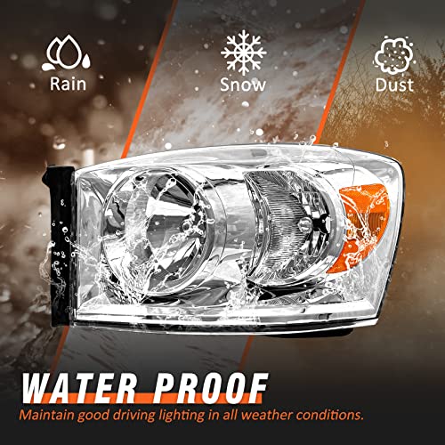 AXLAHA 2006-2008 Dodge Ram Headlights Assembly for 2006 2007 2008 Dodge Ram 1500/2006 2007 2008 2009 Dodge Ram 2500 3500 Chrome Housing Amber Reflector Replacement Driver and Passenger Side