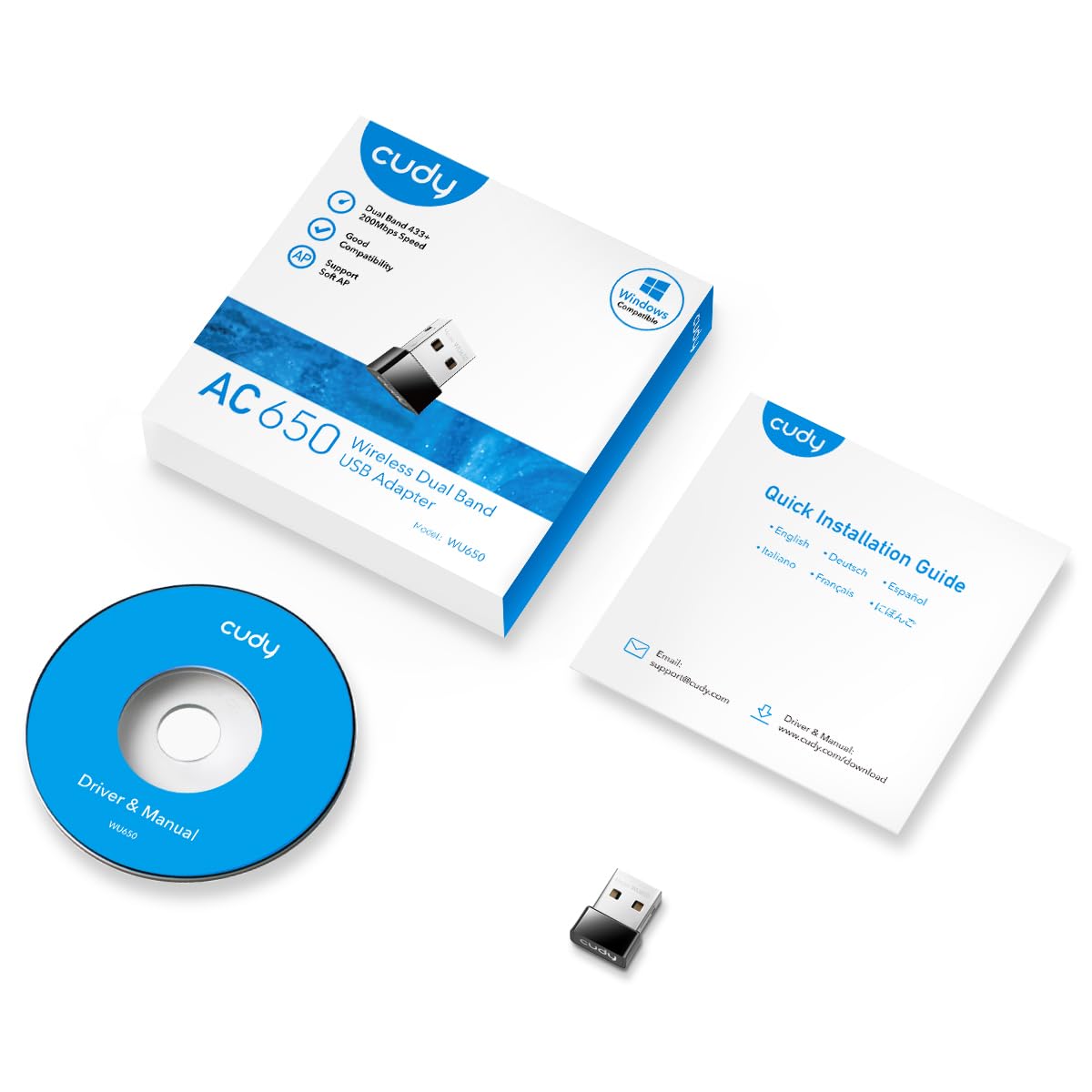 Cudy AC 650Mbps USB WiFi Adapter for PC, 5GHz/2.4GHz Wireless Dongle, WiFi Wireless Adapter for Laptop - Nano Size, Compatible with Windows XP / 7/8.x /10/11, Mac OS