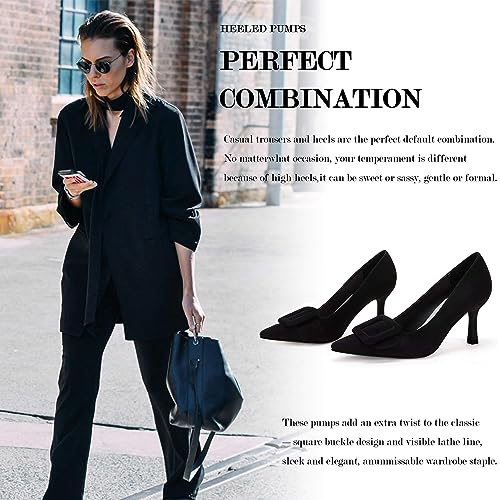 Women's Closed Pointed Toe Pumps Wedding Party Dress Heeded Shoes Stiletto High Heels with Square Buckle 5.5