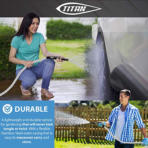 TITAN Garden Hose 9FT - 304 Stainless Steel Metal Water Hose, Flexible, Kink-Free, Lightweight, Durable, Crush Resistant Fittings, Easy to Coil, 500 PSI