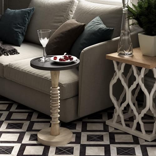 Pedestal Small Drinking Table, Farmhouse Tray Top End Table, Distressed Finish, Black Top on Aging White Frame